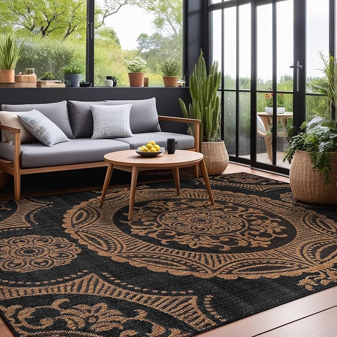 Medallion Outdoor Rug 8x10 Washable Outside Carpet for Indoor Patio Porch Waterproof Easy Cleaning Non Shedding Area Rugs Nut Brown 8 x 10