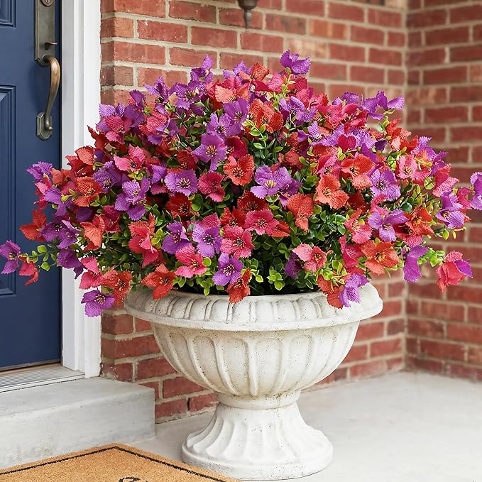 12Pcs Artificial Outdoor Flowers for Outdoors, Faux Silk Realistic Plants Shrubs Floral Arrangement Planter UV Resistant for Porch Patio Window Box Balcony Garden Decor (12pcs hot pink red purple)
