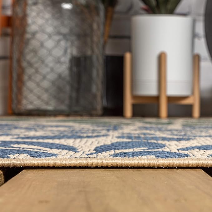 JONATHAN Y Floral Textured Weave Indoor Outdoor Square Area Rug 8X8 Navy/Green, Zinnia Modern for Backyard, Patio, Porch, Easy-Cleaning, High Traffic, Pet-Friendly, Non-Shedding (SMB110B-8SQ)