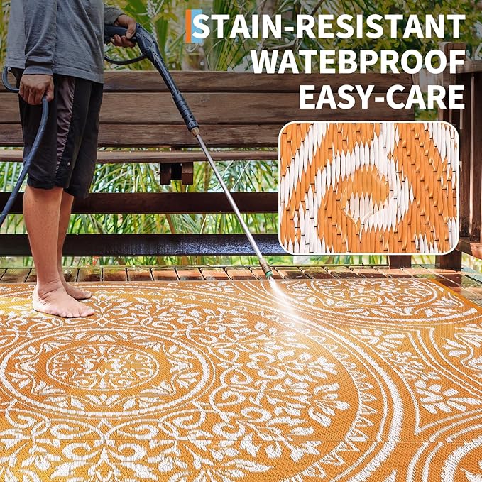 Waterproof Plastic Straw Outdoor Rug 9x18 Patio Reversible UV Resistant Foldable Camping Carpet Boho Floral Large Outdoor Rugs for Deck, Picnic, Porch, Camper, Balcony, Beach,Orange