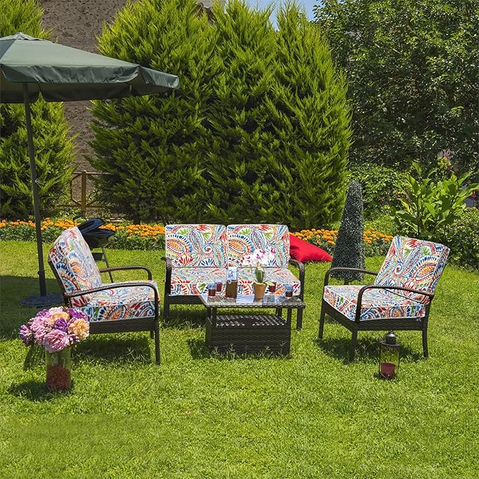 JMGBird Outdoor Chair Cushions Set of 2-22x22 Water Resistant Paisley Pattern Seat Cushions with Ties for Patio Furniture