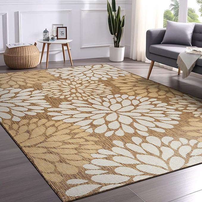Beverly Rug Outdoor Rug 10x14 Modern Exotic Tropical Leaf Area Rugs for Indoor and Outdoor Patio Deck Porch Garden Water Resistant Washable Outside Carpet (10 x 14 Wooden)