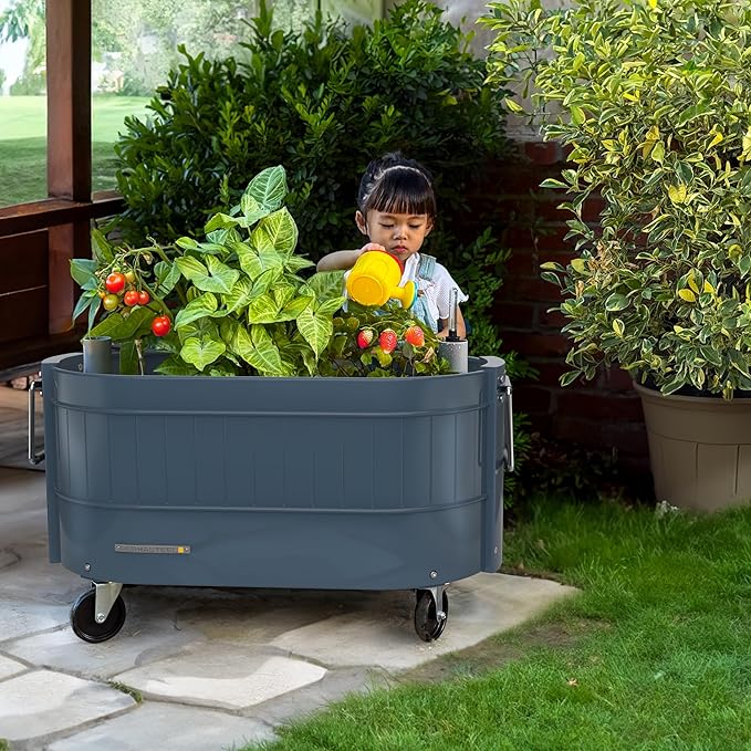 Permasteel Self-Watering Garden Bed, Rolling Planter for Vegetables, Flowers, Herbs, and Fruit, Outdoor Indoor, Caster Wheels, Blue