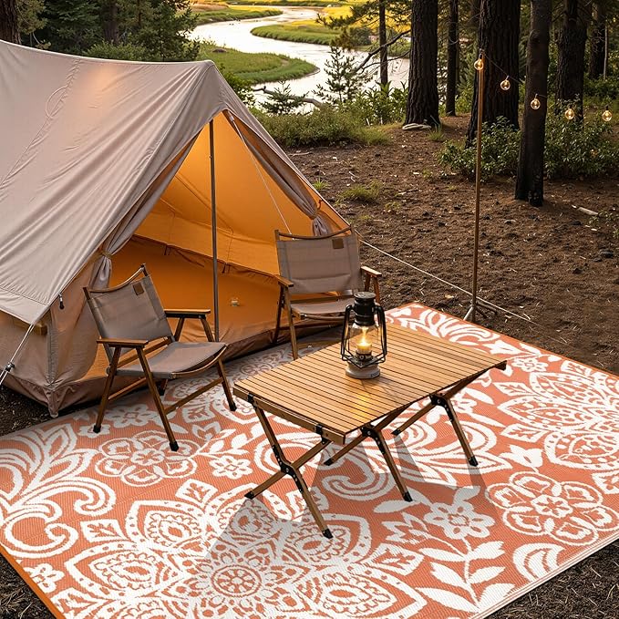 Findosom Waterproof Outdoor Rug 8' x 10' - Reversible Mandala Outdoor Plastic Straw Rug, Durable Foldable Patio Rug for RV, Deck, Balcony, Backyard, Picnic, Porch, Camping, Beach, Orange