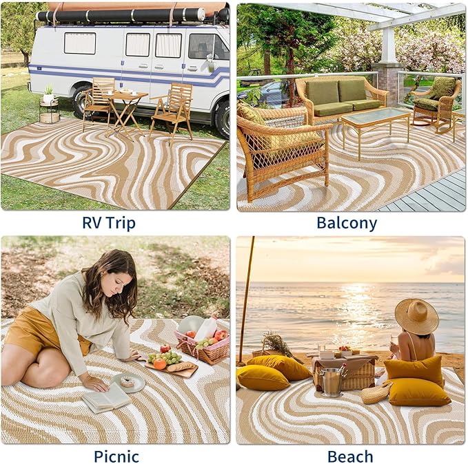 10x20 Large Outdoor Patio Rug Modern Abstarct Plastic Straw Outdoor Rugs Waterproof Foldable UV Resistant Camping Reversible Mats for Deck, Camper, Balcony, Beach, Rv,Brown/Coffee/White