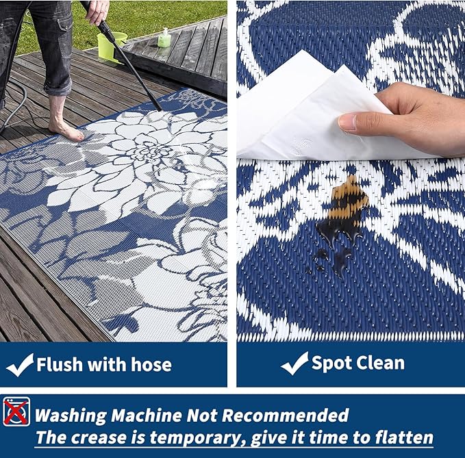 COZYLOOM Outdoor Rug 8x10 Patio Rugs Waterproof Plastic Straw Rug Reversible UV Resistant Camping Mat, Foldable Lightweight RV Picnic Mat with Portable Bag, Modern Floral Outdoor Carpet for Yard, Navy