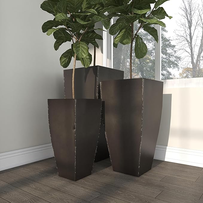 Deco 79 Metal Indoor Outdoor Planter Large Planter Pot with Tapered Base, Set of 3 Planters 20", 25", 30"H, Dark Gray