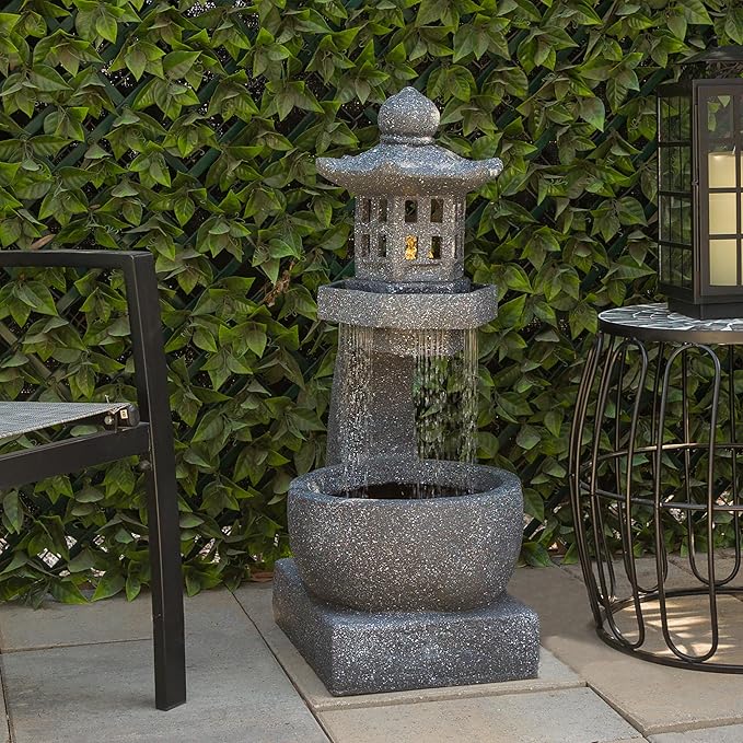 Alpine Corporation DIG370 31" Outdoor Zen Pagoda Water Fountain with LED Lights & Illuminated Stone Bowl – Tranquil Garden Water Feature for Relaxation and Ambiance, Gray