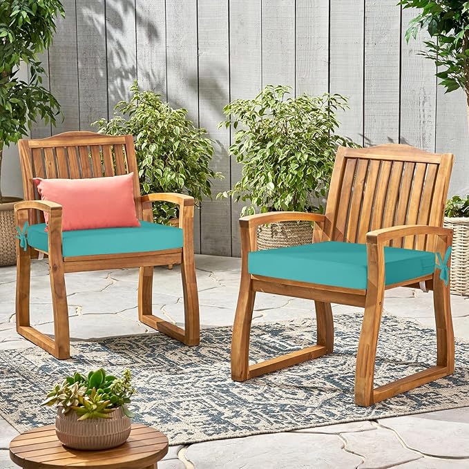 Waterproof Outdoor Chair Cushions Set of 2, Square Outdoor Seat Cushions with Ties and Removable Covers, 22 x 22 Outdoor Cushions for Patio Furniture with Portable Handle(Teal)
