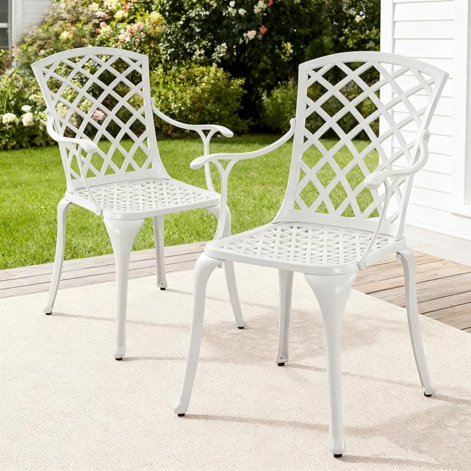 Modern Aluminum Patio Chairs, Indoor/Outdoor Dining Chairs, Metal Chairs for Bistro Patio or Restaurant, Set of 2, White