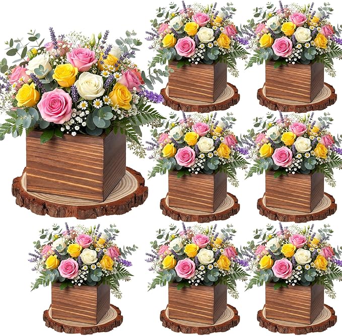 Leinuosen 16 Pcs Wedding Centerpieces Decor Set 8 x 4-inch Rustic Wood Cube Planter Box with 8 x Natural Wood Slices Tabletop Floral Arrangements for Baby Shower Home Garden Decorations