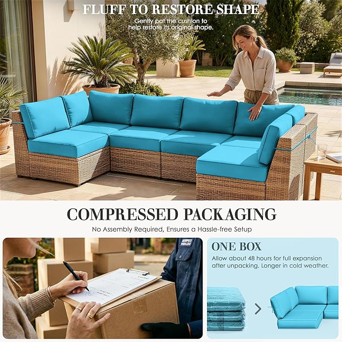 Outdoor Replacement Cushions for Patio Furniture, 5" Foam High-Density, 14-Piece Water-Resistant Outdoor Cushion for 6-Seat Sectional Patio Conversation Sets, Liner&Cover