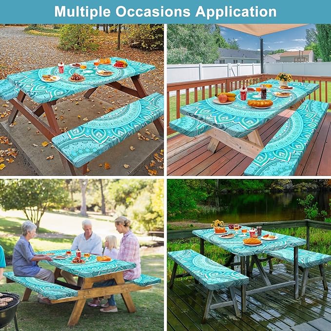 Picnic Table Cover with Bench Covers Camping Essentials Waterproof Windproof Camping Tablecloth with Drawstring Bag, Fitted Rectangle Tables and Seats, 96in, Ice Blue
