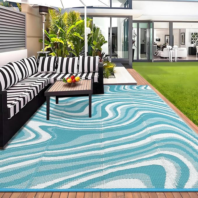 9x12 Outdoor Rug Waterproof Foldable Plastic Straw Carpet for Patio Porch Modern Abstarct Reversible Mat Lightweight Floor Mat for Picnic, Beach, Deck, Camper, Balcony,Lake Green/Light Blue