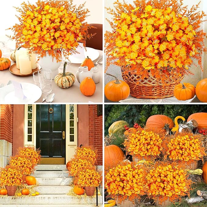 16 Bundles Artificial Mums for Outdoors Garden Home Decoration Fake Mums 2 Style Faux Silk Daisy for Outside Planter Front Porch Patio Indoor Home Wedding Garden Porch Window Box Planter Decoration