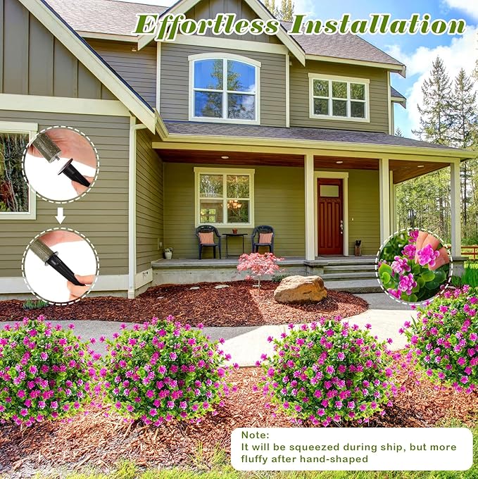 Yunlly 2 Pcs Outdoor Artificial Topiary Ball Trees 22" with Colorful Flowers, Boxwood Fake Bushes Shrubs with Spike, UV Resistant Evergreen Plants for Front Porch Garden Decor (Purple)