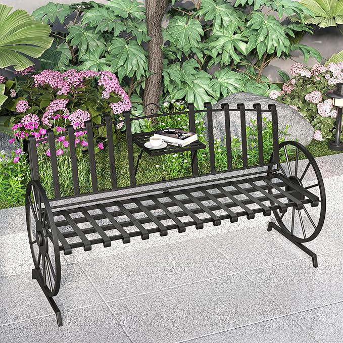 Outdoor Bench Patio Outdoor Garden Bench with Built-in Table, Wagon Wheel Arms, 3 People Outdoor Bench Garden Bench Front Porch Furniture (Black)