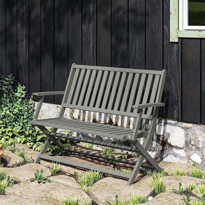 Outsunny Wood Outdoor Bench, 2-Person Foldable Patio Acacia Wood Garden Bench with Backrest and Armrests for Garden, Porch, Park, Balcony, Gray
