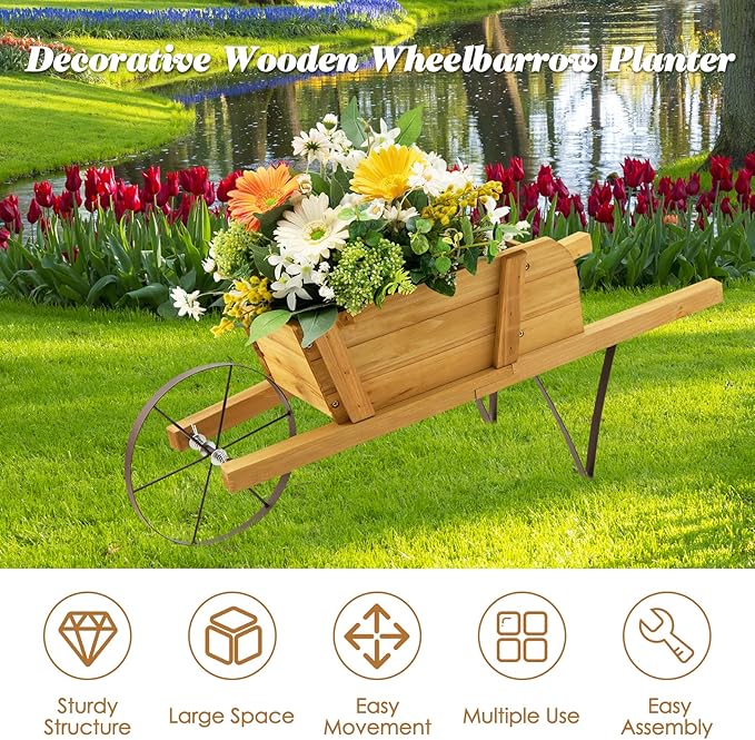 S AFSTAR Wood Wheelbarrow Planter, Flower Plant Pot Cart w/Metal Wheel & 9 Replaceable Magnet Accessories, Wooden Wagon Planter Decor for Outdoor Garden Backyard (Natural)