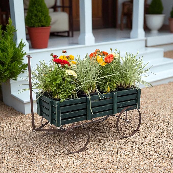 Shine Company Decorative Buckboard Wagon Garden Planter, Wooden Wagon Yard Décor for Outdoor Plants, Green