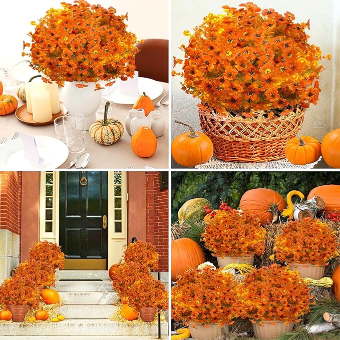 16 Bundles Artificial Mums for Outdoors Garden Home Decoration Fake Mums UV Resistant Fake Mums Silk Faux Flower Plastic Plants for Outside No Fade Fall Decor for Front Porch Pot Decor