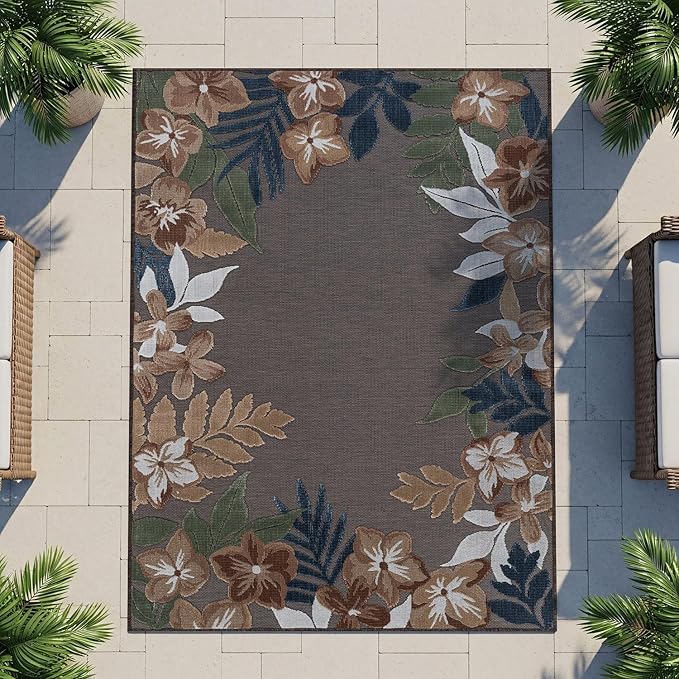 Outdoor Rug 8x10 Washable Area Rugs Indoor Outdoor Carpets Brown Border Floral Non Shedding Waterproof Easy Clean Patio Deck Porch Living Room Bedroom Garden RV (8 X 10 Brown)