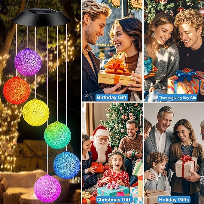 Solar Wind Chime for Outside,2PK Hanging Wind Chimes for Outside,Solar Powered Color Changing Crystal Ball WindChimes,Patio Yard Outdoor Garden Porch Decor,Unique Ourdoor Gifts for Mom Grandma