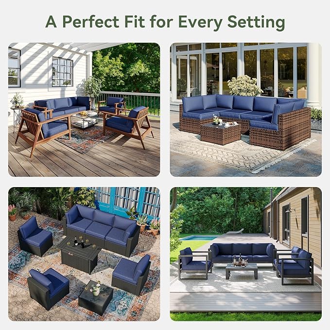 Aoxun Outdoor Replacement Cushions for Patio Furniture, Waterproof Sofa Cushion for 6-Seat Rattan Wicker Sectional Patio Conversation Sets, 14-Piece Cushions Set for L-Shape Couch, Navy