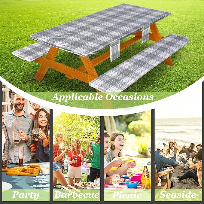 Fitted Picnic Table Cover with Bench Covers Waterproof Elastic Edges Rectangle Patio Tablecloth Outdoor Camping Essentials Stuff Rv Accessories Summer Trip Travel Camper Gifts for Woman Men, 96in 8 ft