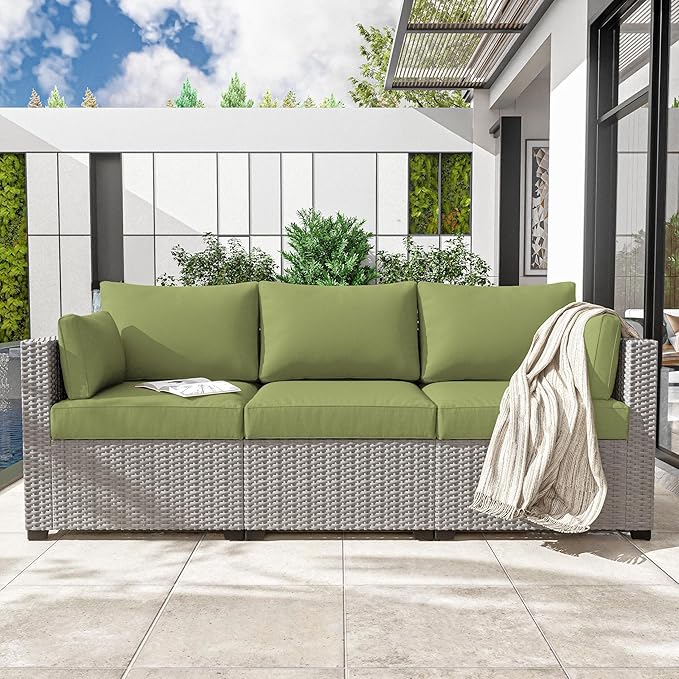 Outdoor Furniture Replacement Cushions, Waterproof Patio Furniture Cushions, 4" Deep Seat Outdoor Sectional Cushion for 3-Seat Outdoors Rattan Sofa Patio Sofa Cushion, Avocado Green