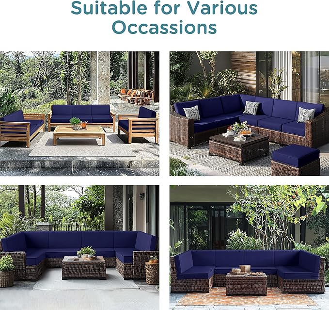 Codi 14-Piece Outdoor Cushions for Patio Furniture, 6 Seat (25.6'' x 25.6'') Waterproof Replacement Cushion Set - High-Density Foam, UV Resistant, Fits Wicker & Rattan Sectional Sofas - Navy