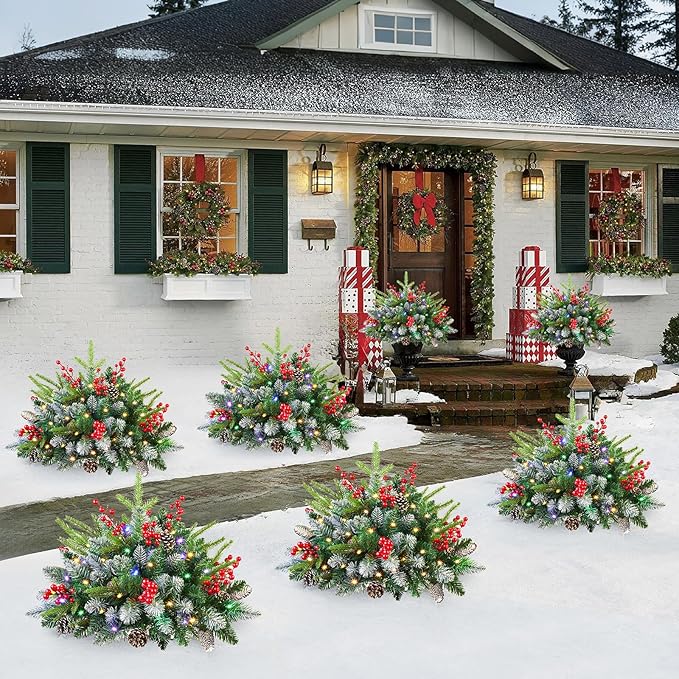 Set of 2 18 Inch Lighted Outdoor Christmas Tree with Remote, Timer, Multi-Color Lights, Battery Operated Pre-lit Frosted Pathway Artificial Urn Filler, Christmas Porch Decorations for Home Porch Yard