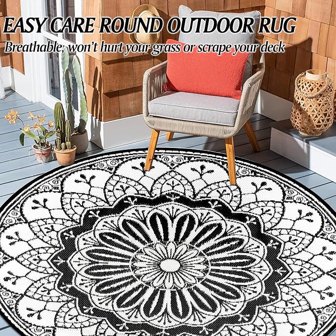 Cekene Round Outdoor Rugs 6Ft Reversible Patio Rugs Lightweight Plastic Straw Rug Portable RV Camping Mat Waterproof Area Rug for Patio Deck Porch Picnic Beach BBQ Garden