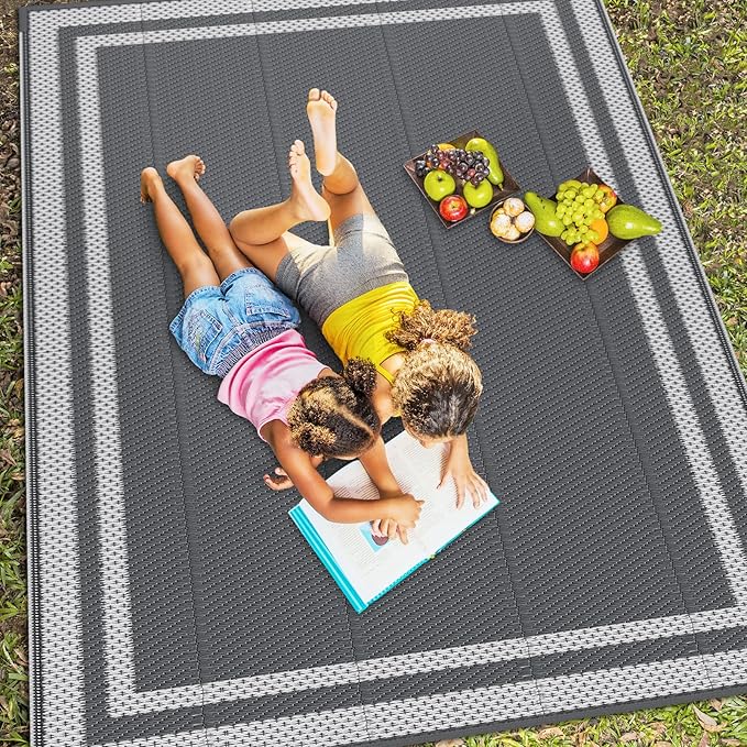 HappyTrends,Outdoor Rug,Patio Rug,Reversible Portable Plastic Straw Rug,Camping Rugs for Outside RV,Large Waterproof Area Rugs for Patio,Deck,Picnic,Porch,Balcony(6'x 9',White&Gray)