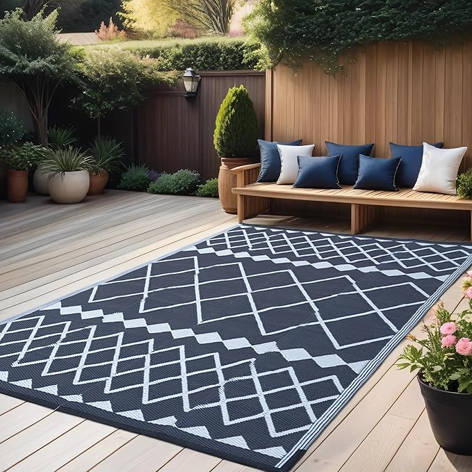 RURALITY Outdoor Rugs 5x8 Waterproof for Patios Clearance,Plastic Straw Mats for Backyard,Porch,Deck,Balcony,Reversible,Geometric