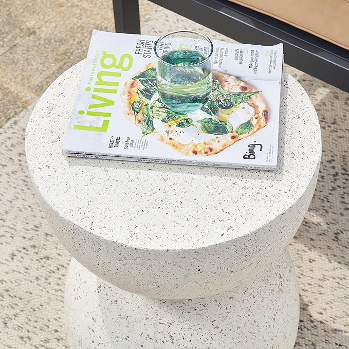Glitzhome Outdoor Side Tables Set of 2, Heavy Duty Patio Sturdy Faux Terrazzo Decorative Garden Stool Planter Stand for Indoor Covered Outdoor, 17.75" H, White