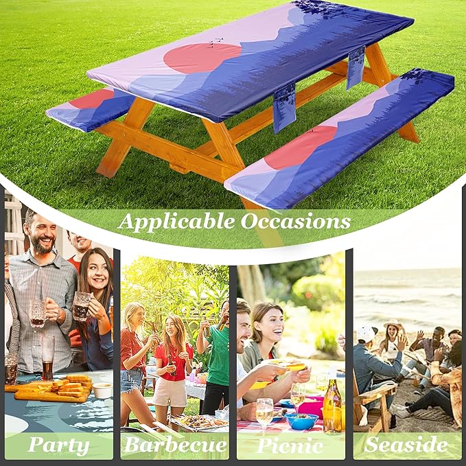 Fitted Picnic Table Cover with Bench Covers, Windproof Vinyl Table Cloths Outside Camping Cooking Backyard Furniture Seat Cushion Tablecloth Activities Party Decor Decorations Para Acampar Equipment