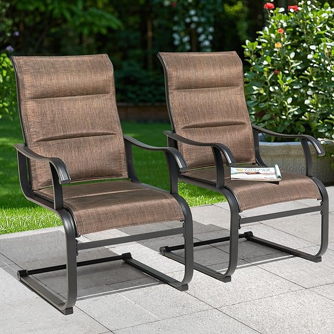 NUU GARDEN Patio Dining Chairs Set of 2, All Weather Outdoor Padded Textilene Patio Chairs, Breathable Spring Motion Textile High Back Outdoor Dining Chairs for Backyard, Lawn, Deck, Brown