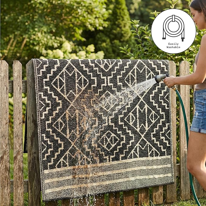 Fab Habitat Outdoor Rug - Waterproof, Fade Resistant, Crease-Free - Premium Recycled Plastic - Tribal Boho Neutral - Patio, Deck, Porch, Balcony, Laundry Room - Kilimanjaro - Black - 4 x 6 ft