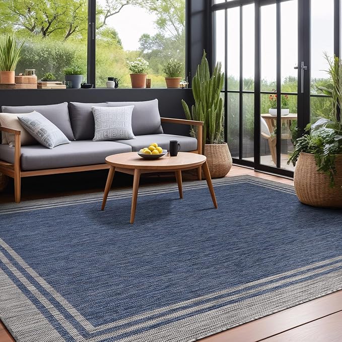 Bordered Outdoor Rug 8x10 Washable Outside Carpet for Indoor Patio Porch Waterproof Easy Cleaning Non Shedding Area Rugs Navy 8 x 10