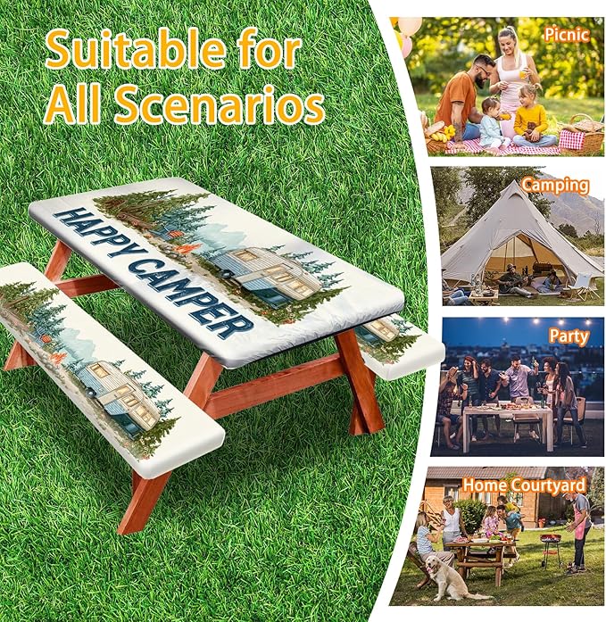 Picnic Table Cover with Bench Covers, Camping Essentials, Fitted Camping Tablecloth with Bag, Waterproof and oilproof with elastic Edge for Indoor Outdoor Patio, 72in (Forest RV)