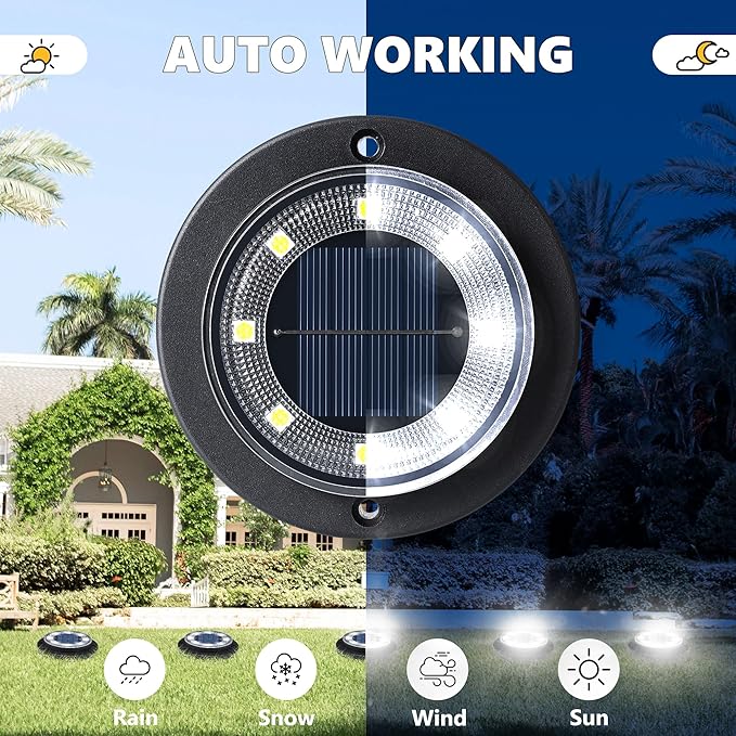 Flacchi Solar Ground Lights - Solar Powered Lights Outdoor Solar Disk Light Waterproof Landscape Light for Patio Yard Pathway Walkway Driveway (Cool White, 8 Pack)