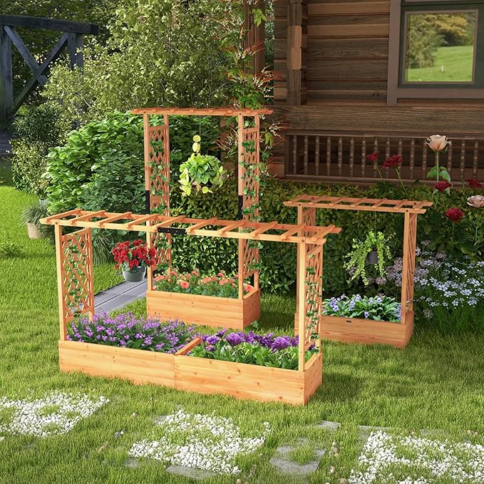 HAPPYGRILL Raised Garden Bed with Trellis, Freestanding Wood Planter Box w/Hanging Roof & 8 Drainage Holes for Vine, Climbing Plants, Flowers, Outdoor Planter with Trellis for Garden, Patio, Yard