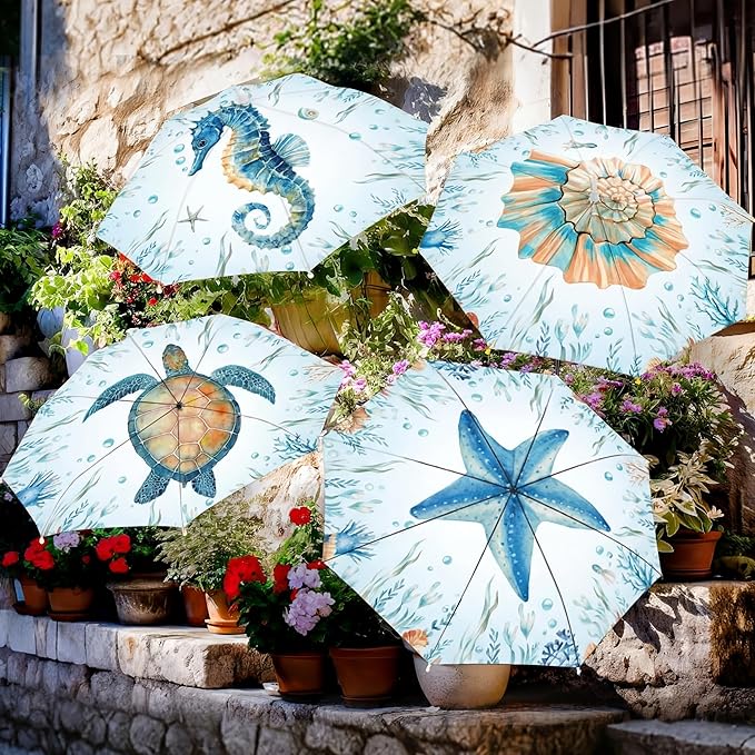 4 Pack Plant Umbrellas for Outdoor Plants, Upgraded Joints-enhanced Wind Resistance, Adjustable Height, Large Garden Umbrella Shade for Potted Plants Bed Flower Pot (Sea Life)