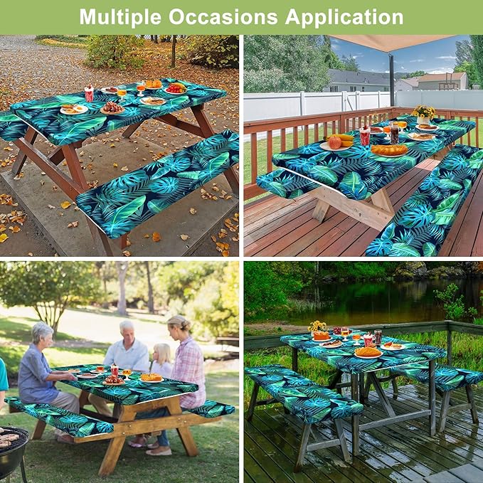 Picnic Table Cover with Bench Covers Camping Essentials Waterproof Windproof Camping Tablecloth with Drawstring Bag, Fitted Rectangle Tables and Seats, 72in, Green Leaf
