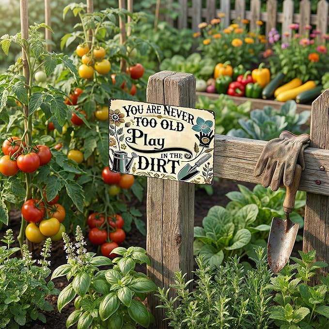 Funnysign Garden Gifts You're Never Too Old To Play In The Dirt Vintage Gardening Tin Sign for Home Garden Patio Greenhouse Yard Decor 8 X 12 Inch (3841)