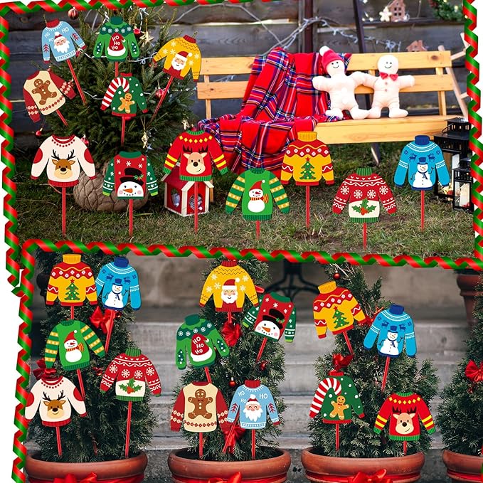 Zonon 12pcs Winter Garden Decorations Winter Snowflake Metal Planter Stakes for Patio Lawn Planter Pot Xmas Nutcracker Gingerbread Yard Stake Signs Outdoor Lawn Decor Party Favor(Ugly Sweater)