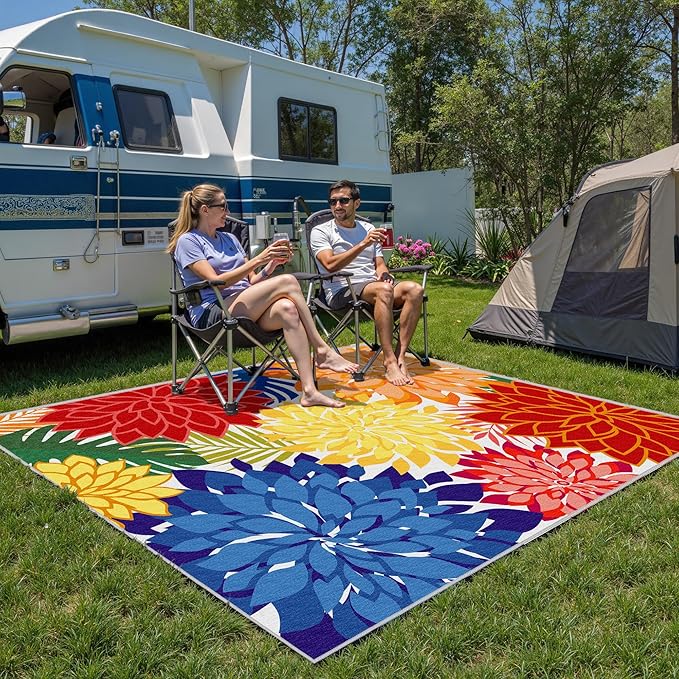 Colorful 9x12 Outdoor Area Rug Washable Multicolored Patio Rug Tropical Botanical Floral Chenille Waterproof Outdoor Carpet Non-Slip for Deck, Backyard, Porch, Rainbow