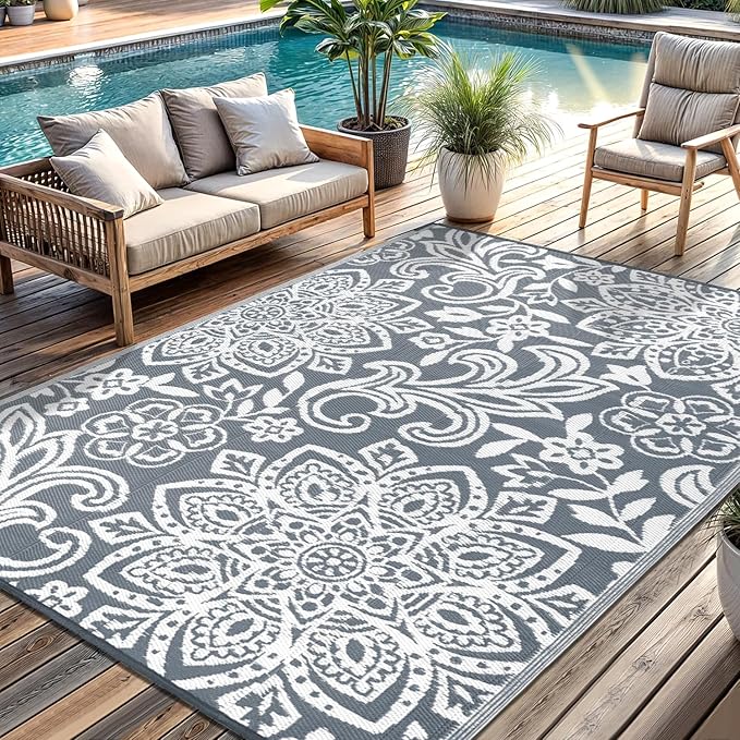 Findosom Waterproof Outdoor Rug 5' x 8' - Reversible Mandala Outdoor Plastic Straw Rug, Durable Foldable Patio Rug for RV, Deck, Balcony, Backyard, Picnic, Porch, Camping, Beach, Gray