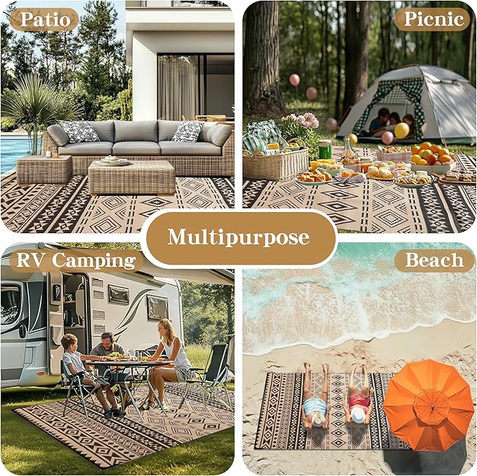 Wallona Outdoor Rugs 9x12 ft Patio Waterproof Clearance Indoor Outdoor Large Carpet for Patio Plastic Straw Reversible Area Rugs Mat for RV, Camping, Balcony, Beach, Picnic, Porch, Boho Black & Beige